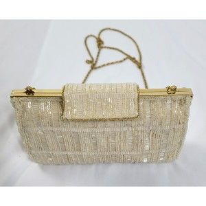 Ivory beaded evening clutch gold chain crossbody option La Regale